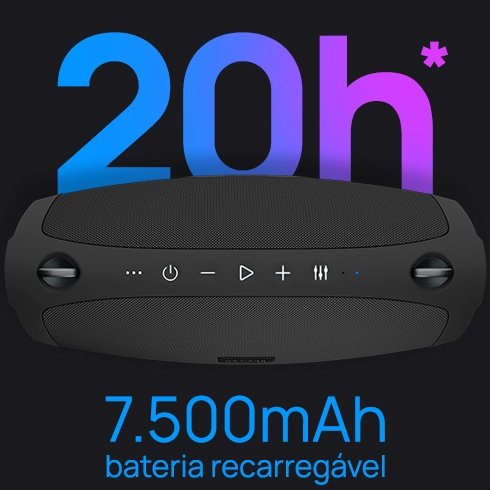 Image bateria duração Caixa de Som Bluetooth Volcano VX Case bateria recarregável com 7.500mAh. pode durar até 15h tocando músicas